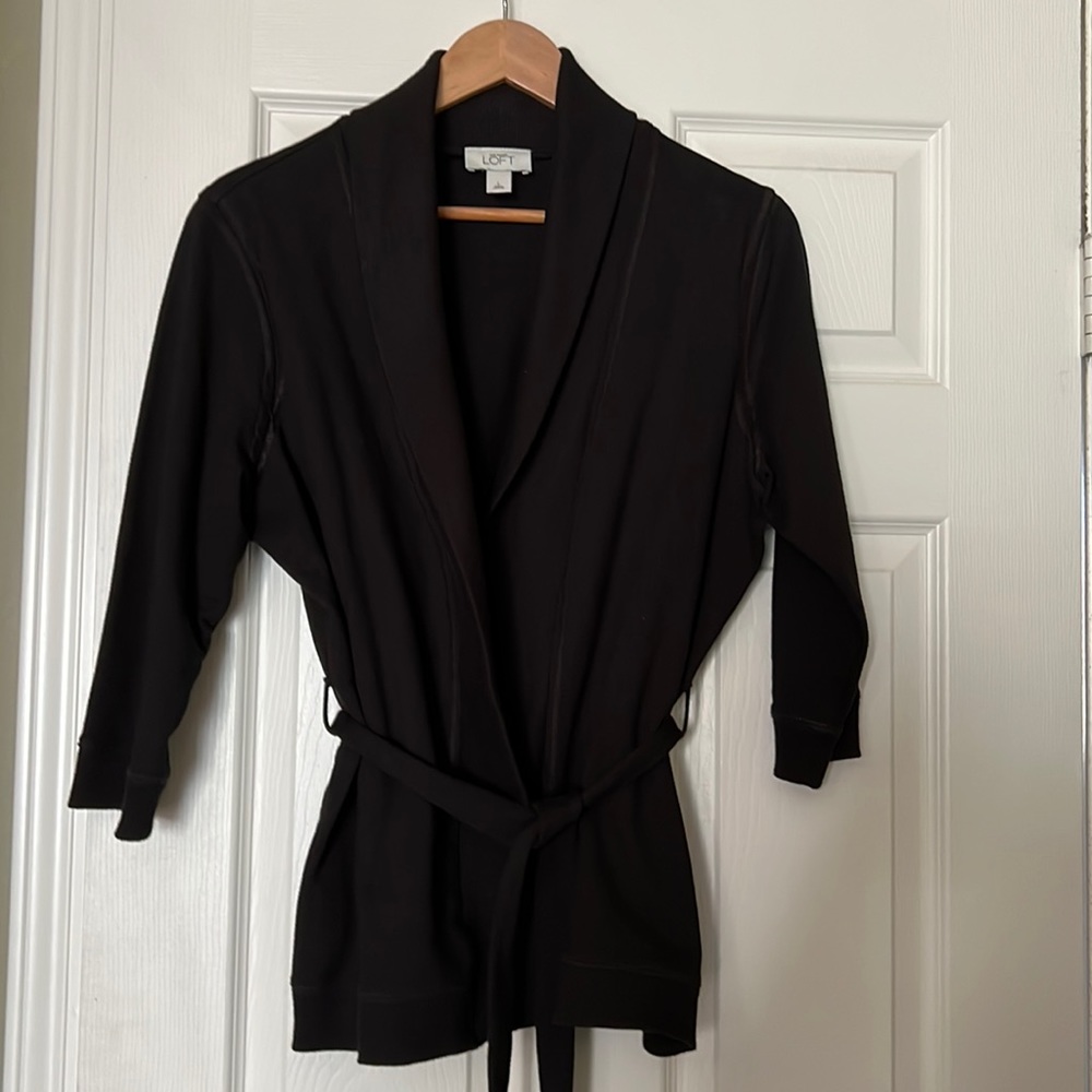 Loft Black Wrap Sweater. 3/4 length sleeves. Belted waist.